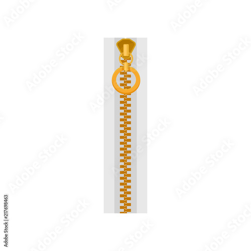 Flat vector icon of white zip fastener with golden teeth and puller ring. Closed zipper for clothes. Cutting and sewing theme