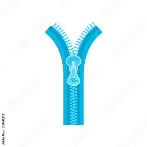 Blue zipper with plastic or metal teeth and puller. Open zip fastener for jeans or dress. Sewing material. Flat vector design