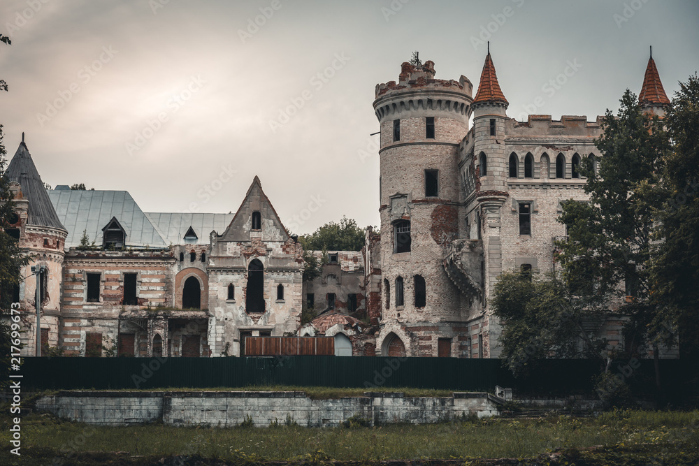 Ruins of destroyed ancient castle of estate of Khrapovitsky in Muromtsevo, Russia