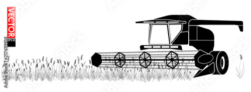 Harvester collecting grain in the field. A simple black outline. For an article on agriculture. Copy space.
