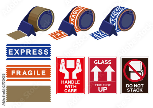 取り扱い注意のステッカー。梱包用シールのイラスト。