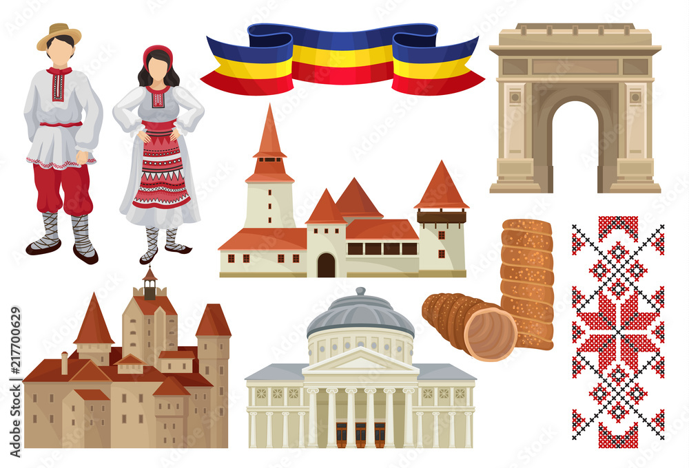 Flat vector set of cultural symbols of Romania. Food, historic architecture, ribbon in color of Romanian tricolor, traditional embroidery and costumes