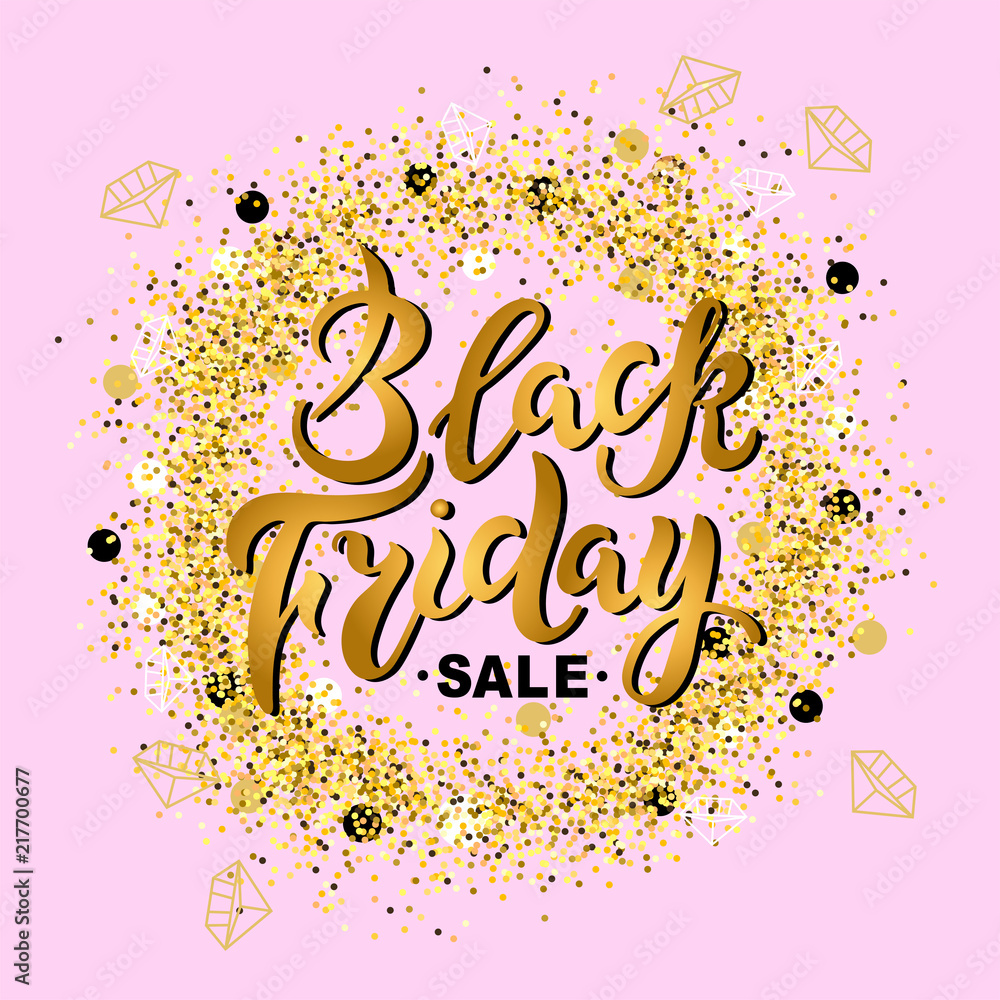 Black Friday sale handwritten lettering for banner, logo, badge, web, poster. Discount time. Vector illustration isolated on pink background with golden confetti frame.