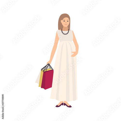 Happy pregnant woman wearing dress and carrying shopping bags with purchases isolated on white background. Young mother buying clothes for her baby. Colored vector illustration in flat cartoon style.