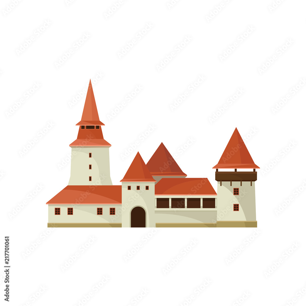 Corvin castle in Hunedoara, Romania. Old Romanian building. Historic architecture. Flat vector for map or travel poster Corvin castle in Hunedoara, Romania. Old Romanian building. Historic architecture. Flat vector for map or travel poster