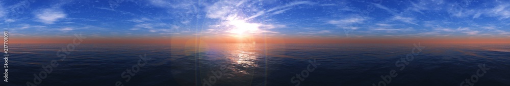 panorama of the ocean sunset, sea sunset, the sun in the clouds over the water, 3D rendering
