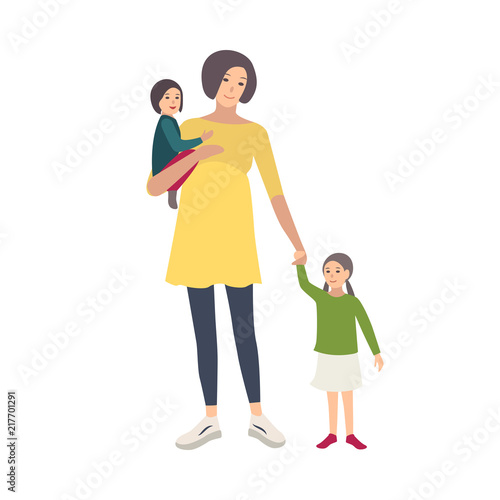 Smiling pregnant woman walking with her daughters isolated on white background. Adorable adult female cartoon character spending time with children. Happy family. Vector illustration in flat style.