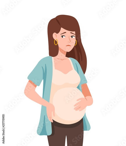 Sad young woman or unhappy pregnant teenage girl isolated on white background. Social problem of adolescent or teen pregnancy. Immature mother. Colorful vector illustration in flat cartoon style.
