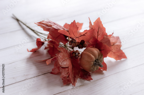 Decorative orange autumn bouquet with pumpkin and berries on white wood background soft light
