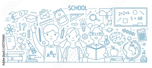 Back to school horizontal web banner with smiling children or pupil, textbooks, stationery drawn with contour lines on white background. Monochrome vector illustration in modern lineart style.