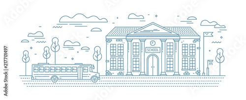 Classical school building with columns and bus for kids or pupil driving on road drawn with contour lines on white background. Educational institution. Monochrome vector illustration in linear style.