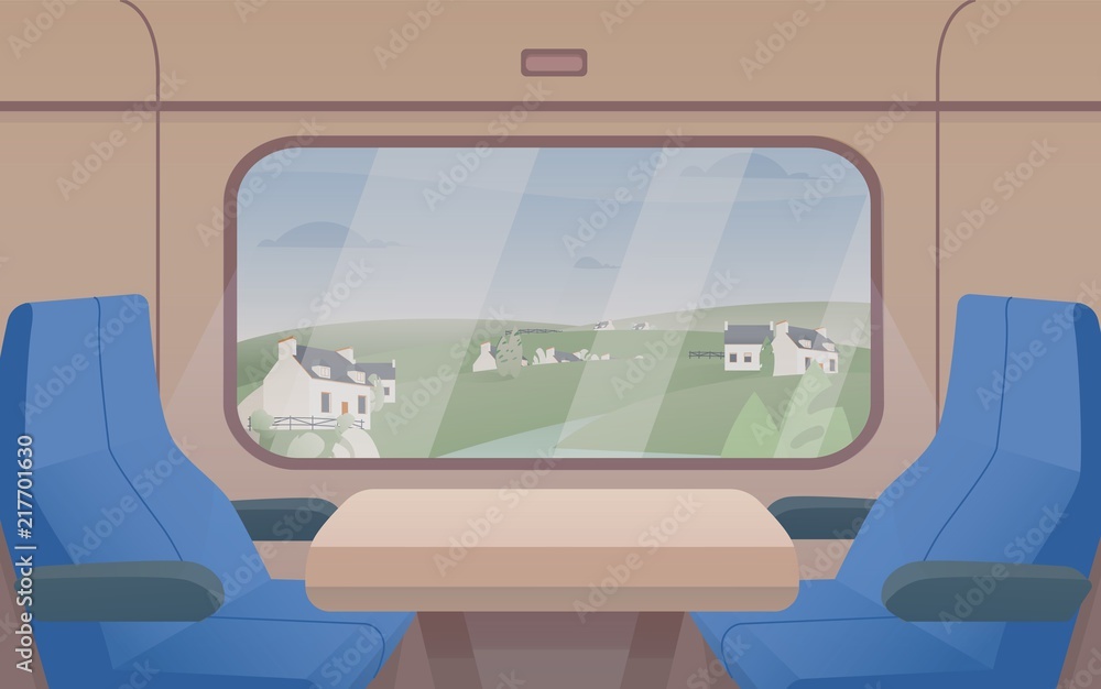 Gorgeous view from train window and pair of seats. Interior of comfortable  passenger car. Railway journey or trip through beautiful places. Colorful  vector illustration in flat cartoon style. Stock Vector | Adobe