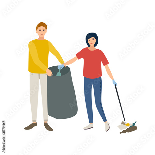 Pair of smiling male and female volunteers collecting garbage in trash bag isolated on white background