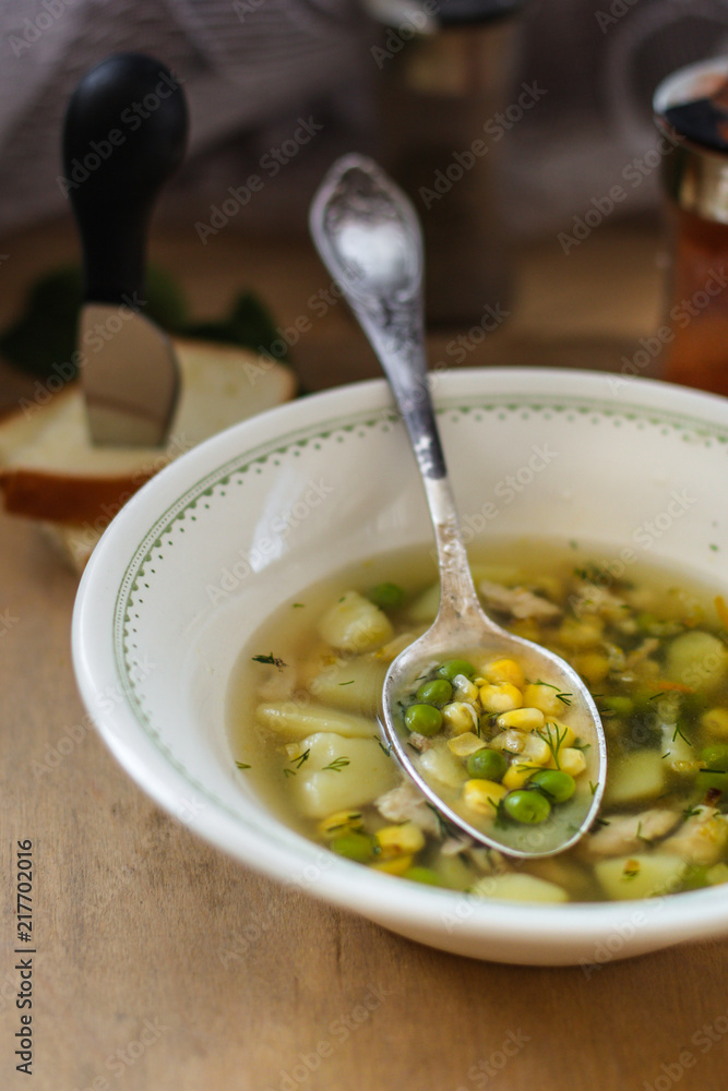 soup with meat and vegetables dish. food background. Top view with copy space soup with meat and vegetables dish. food background. Top view with copy space