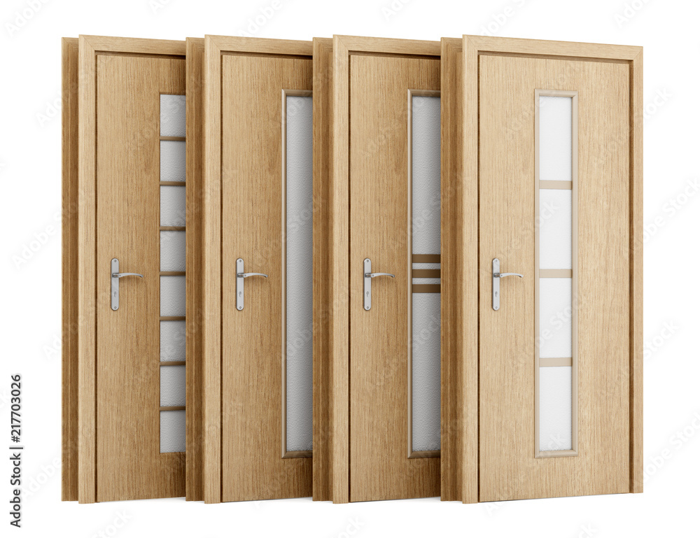 Obraz premium four wooden doors isolated on white background