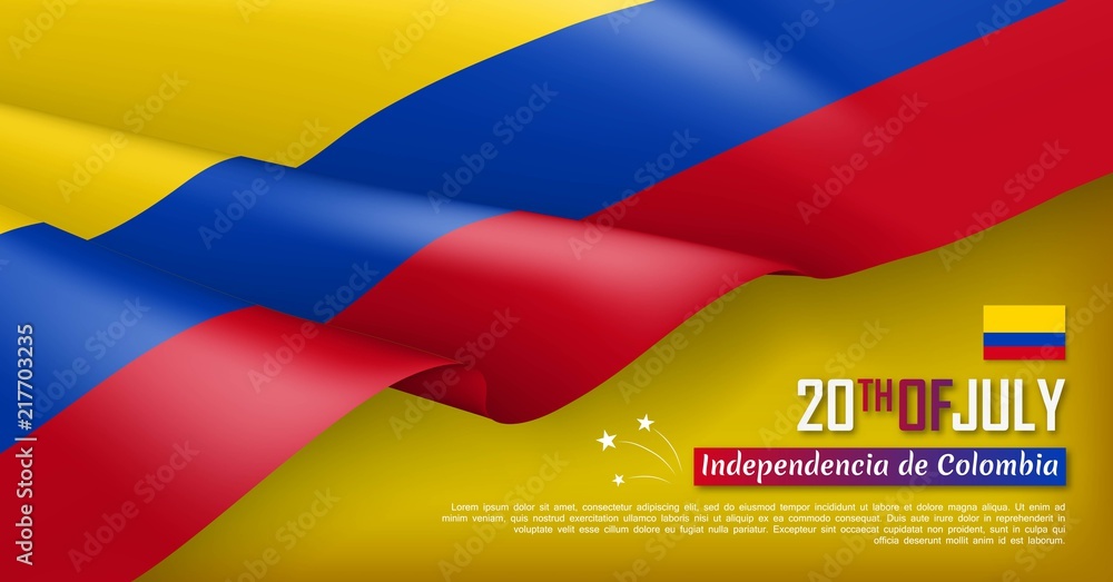 Colombian Independence day horizontal web banner. Patriotic background with realistic waving colombian flag. National traditional holiday vector illustration. Colombia republic day celebrating