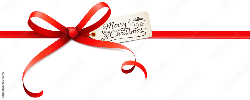 Red Bow with Label and Kalligraphy - Merry Christmas Red Bow with Label and Kalligraphy - Merry Christmas