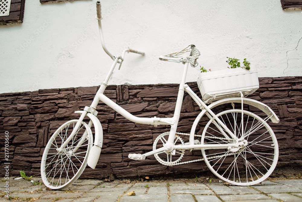 Urban bicycle with a fixed mechanism on the wall background, an old bicycle. Retro-stylish cycling in the city