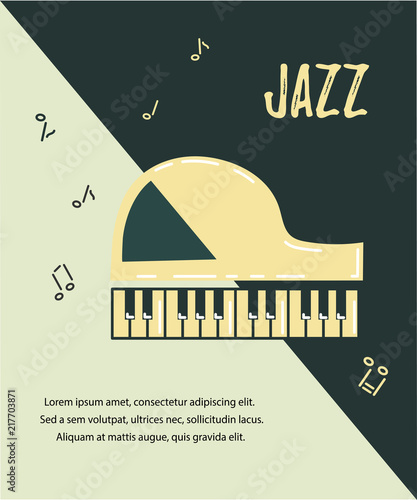 Template for music festival, jazz party, invitation, greeting card, concert poster, web. Vector illustration with black and white piano. Flat style.