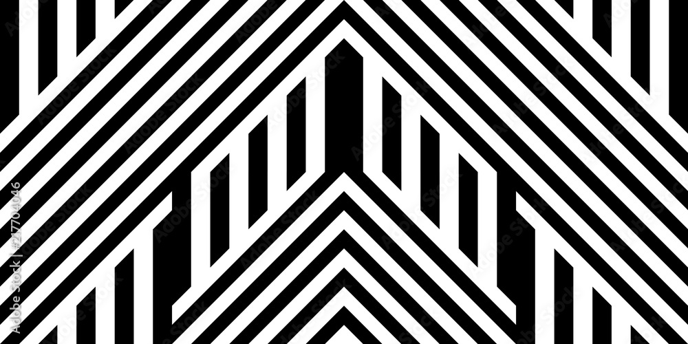 Seamless pattern with striped black white straight lines and diagonal inclined lines (zigzag, chevron). Optical illusion effect, op art. Vector vibrant decorative background, texture. Seamless pattern with striped black white straight lines and diagonal inclined lines (zigzag, chevron). Optical illusion effect, op art. Vector vibrant decorative background, texture.