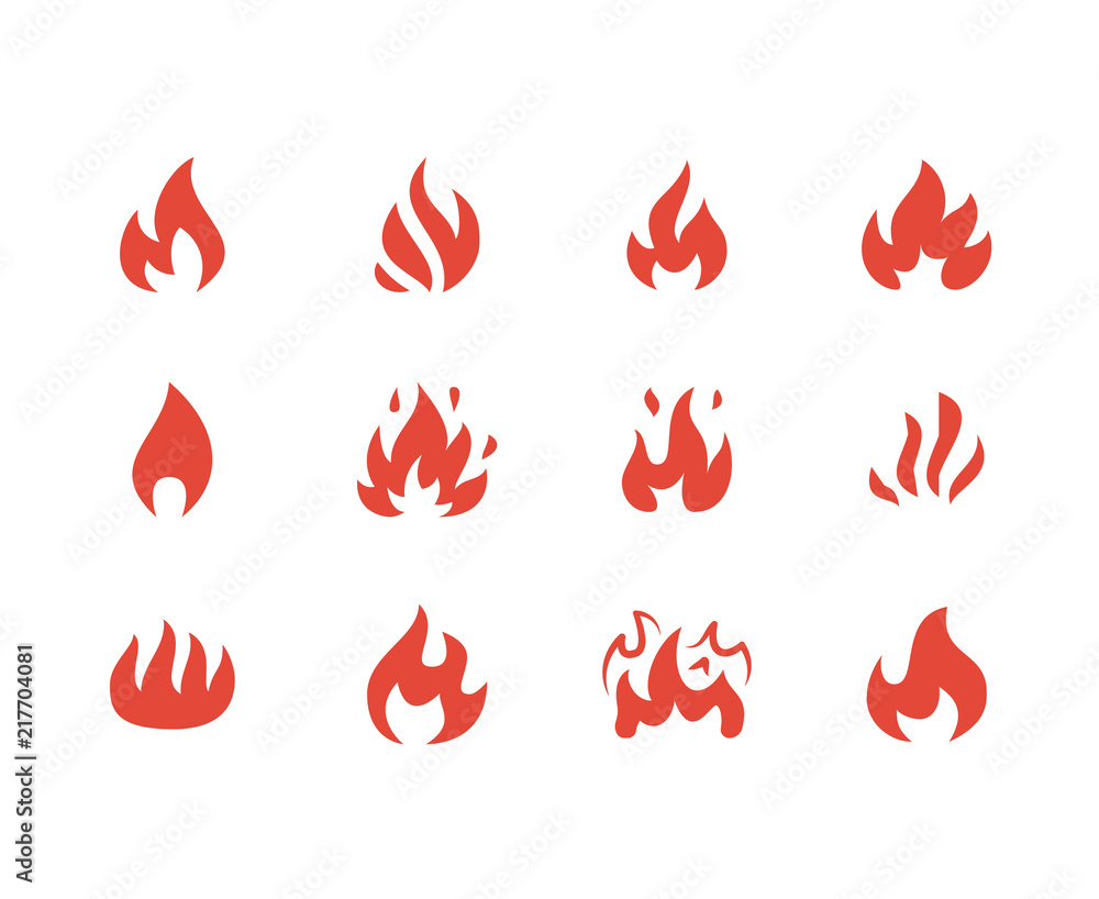 Fire flat glyph icons. Flame shapes silhouette, bonfire vector illustration, flammable warning sign, red color. Fire flat glyph icons. Flame shapes silhouette, bonfire vector illustration, flammable warning sign, red color.