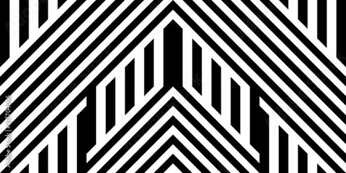 Seamless pattern with striped black white straight lines and diagonal inclined lines (zigzag, chevron). Optical illusion effect, op art. Vector vibrant decorative background, texture.