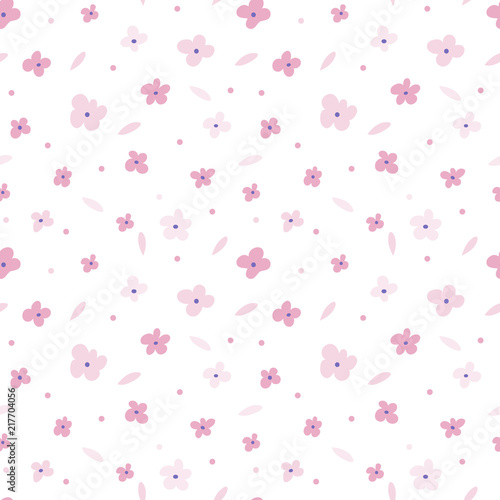 Floral seamless pattern with pink flowers on white background. Repeated light backdrop, soft textile texture. Bright abstract nature wallpaper.