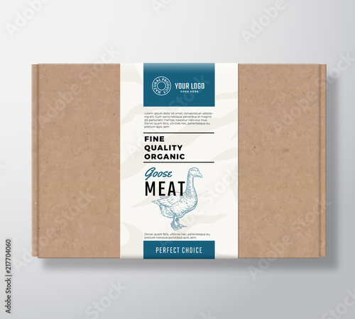 Fine Quality Organic Goose Craft Cardboard Box. Abstract Vector Meat Paper Container with Label Cover. Packaging Design. Modern Typography and Hand Drawn Goose Silhouette Background Layout.