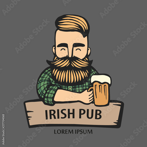 Hand-drawn hipster dude with mustache, beard with beer. Man with glass of alcohol. Vector logo. Stickers, logo, Emblem
