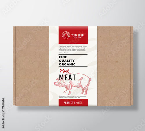 Fine Quality Organic Pork Craft Cardboard Box. Abstract Vector Meat Paper Container with Label Cover. Packaging Design. Modern Typography and Hand Drawn Pig Silhouette Background Layout.