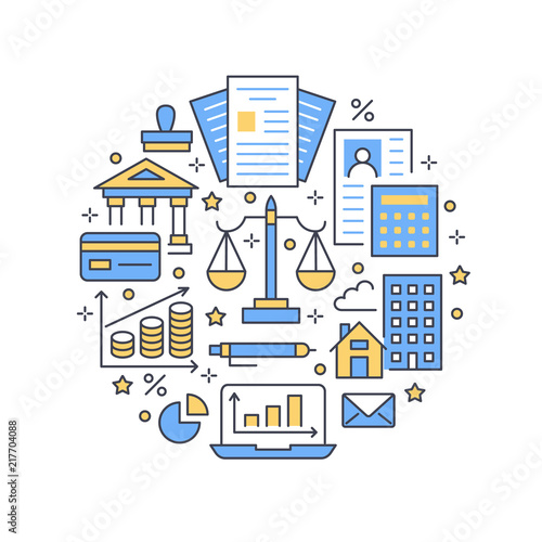 Financial accounting circle poster flat line icons. Bookkeeping brochure concept, tax optimization, firm accountant, payroll, real estate crediting. Accountancy, finance vector signs legal services.