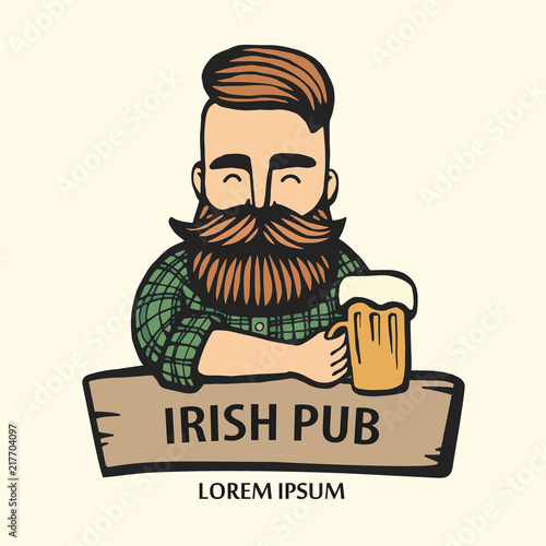 Hand-drawn hipster dude with mustache, beard with beer. Man with glass of alcohol. Vector logo. Stickers, logo, Emblem