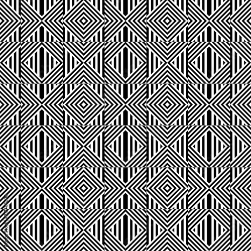 Seamless pattern with striped black white straight lines and diagonal inclined lines. Optical illusion effect. Geometric op art style. Vector illusive background for cloth, textile, print, web.