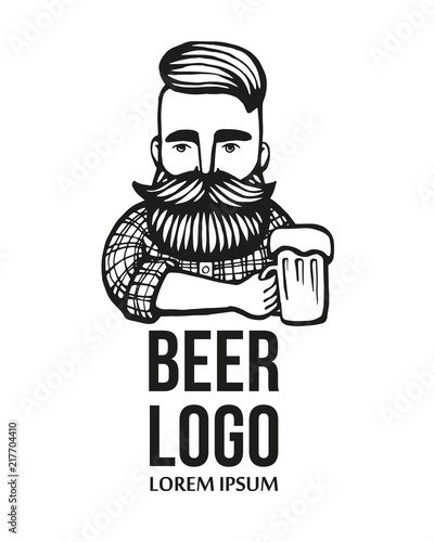 Hand-drawn hipster dude with mustache, beard with beer. Man with glass of alcohol. Vector logo. Stickers, logo, Emblem