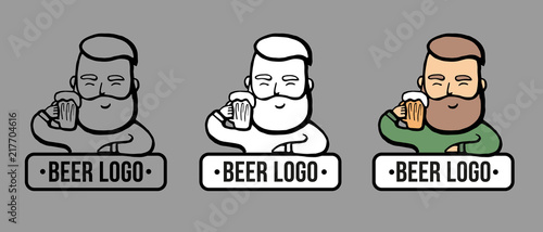 Hand-drawn hipster dude with mustache, beard with beer. Man with glass of alcohol. Vector logo. Stickers, logo, Emblem