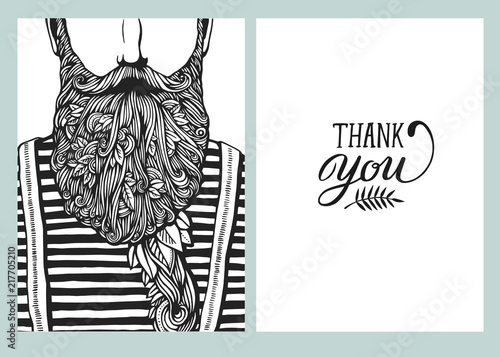 Hipster head with blooming beard with leafs. Hand-Drawn Doodle. Vector Illustration. Hand drawn cartoon character. Bearded man template
