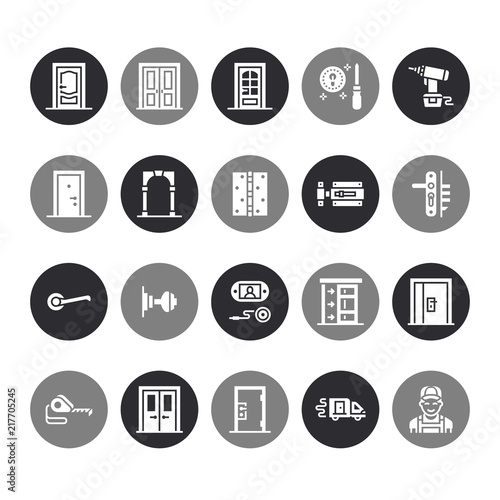 Doors installation, repair flat glyph vector icons. Various door types, handle, latch, lock, hinges. Interior design solid signs for house decor shop, handyman service.