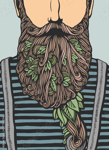 Hipster head with blooming beard with leafs. Hand-Drawn Doodle. Vector Illustration. Hand drawn cartoon character. Bearded man template