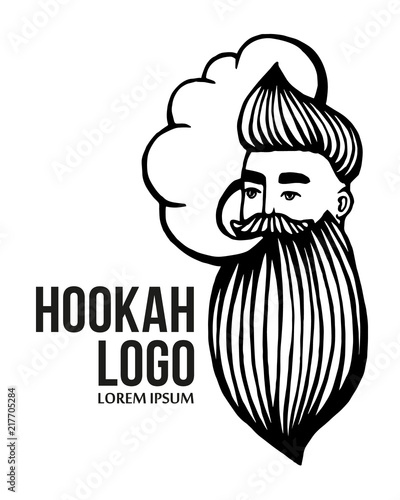 Hookah and-drawn hipster logo with mustache and beard. Man with cloud. Vector hookah logo. Stickers, logo, Emblem