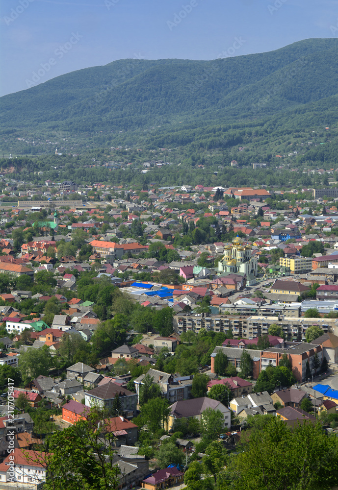 Fototapeta premium Colorful exalted view from a bird's eye view to houses in residential district in the city of Khust, Western Ukraine with high mountains in the background on a background of green vegetation.
