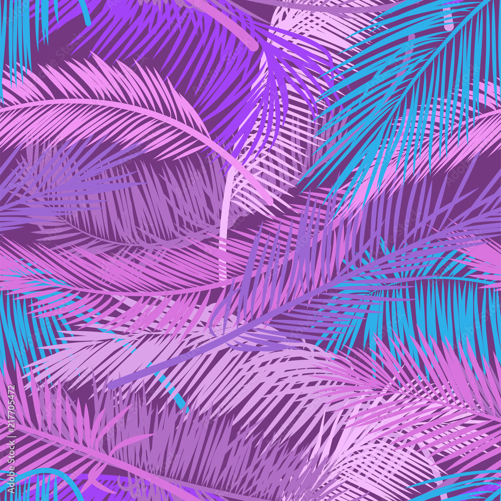 Pink and violet leaves palm tree on dark background. Beautiful seamless tropical floral pattern background. Vector pattern for print design, wallpaper, site backgrounds, postcard, textile, fabric.