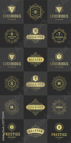 Luxury logos templates set, flourishes calligraphic elegant ornament lines.