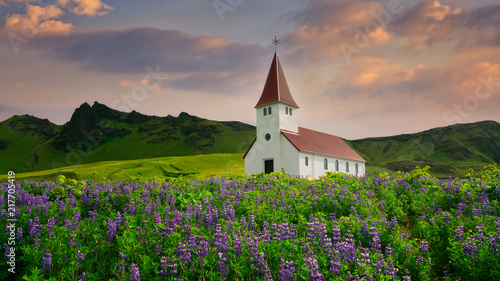 Beautiful scene of Vik church in summer, Southern Iceland