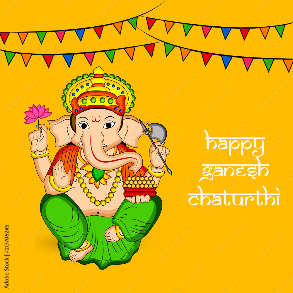 illustration of Hindu God Ganesh with happy Ganesh Chaturthi text on the occasion of Hindu Festival Ganesh Chaturthi illustration of Hindu God Ganesh with happy Ganesh Chaturthi text on the occasion of Hindu Festival Ganesh Chaturthi