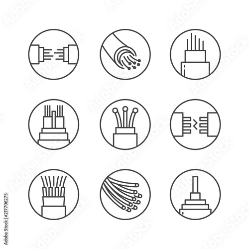 Optical fiber flat line vector icons. Network connection, computer wire, cable bobbin, data transfer. Thin signs in circle shapes for electronics store, internet services.