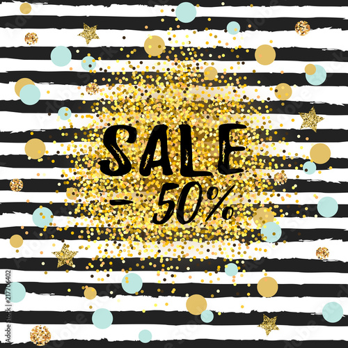 Sale minus 50% text. Vector illustration, sale tag isolated on background with golden confetti.