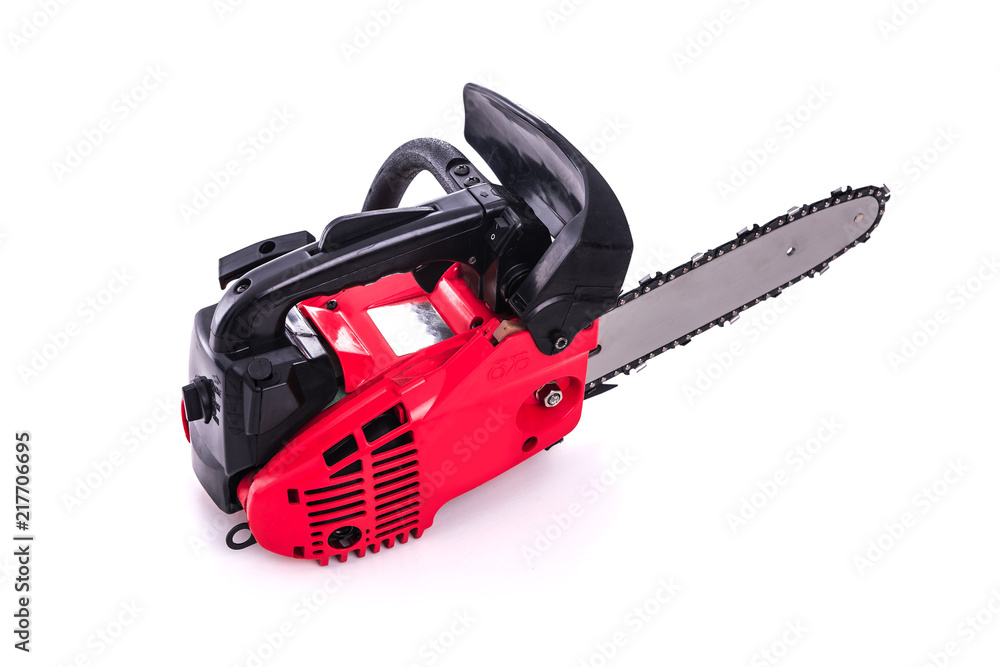 Red Chainsaw isolated on a white background.