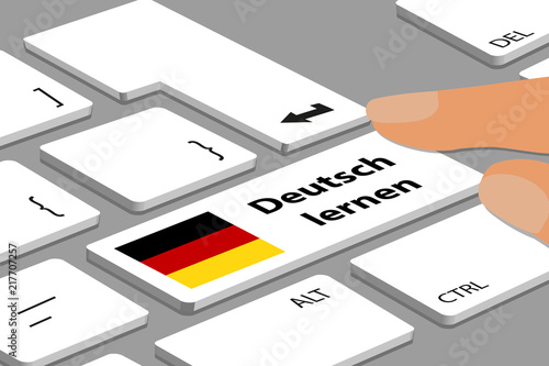 German Keyboard With White Button Learn German - Computer Or Laptop With Fingers And German Flag - Vector Illustration