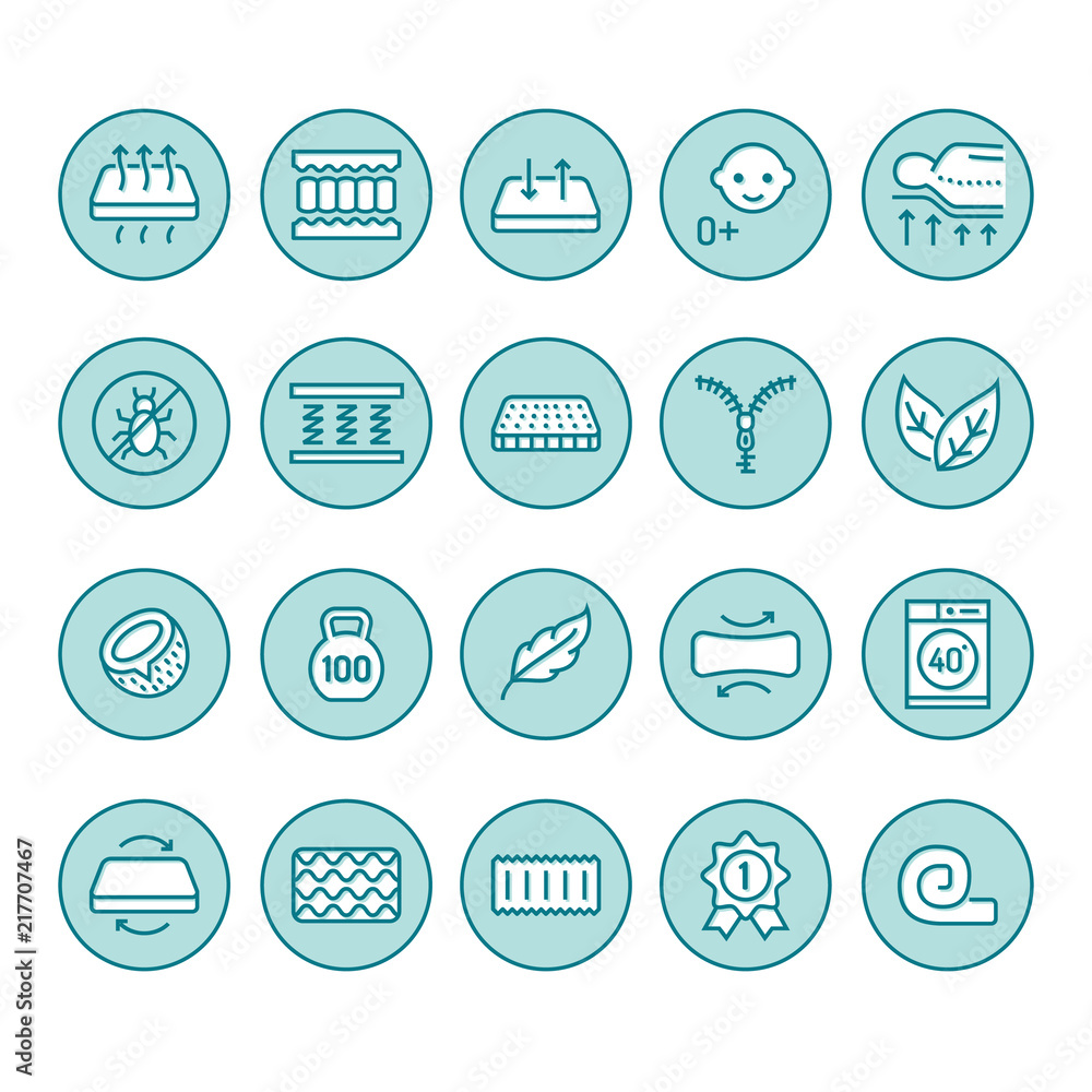 Orthopedic mattress flat line icons. Mattresses properties - anti dust mite, spine support, washable cover, breathable, memory foam, bedding illustrations. Orthopedic mattress flat line icons. Mattresses properties - anti dust mite, spine support, washable cover, breathable, memory foam, bedding illustrations.