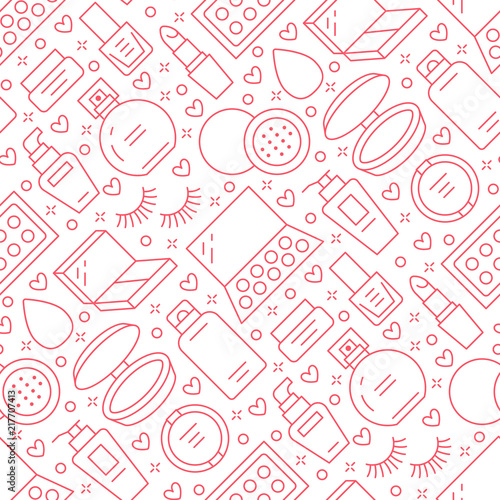 Makeup beauty care red seamless pattern with flat line icons. Cosmetics illustrations of lipstick, mascara powder, eyeshadows, foundation nail polish. Cute pink repeated wallpaper signs make up store.